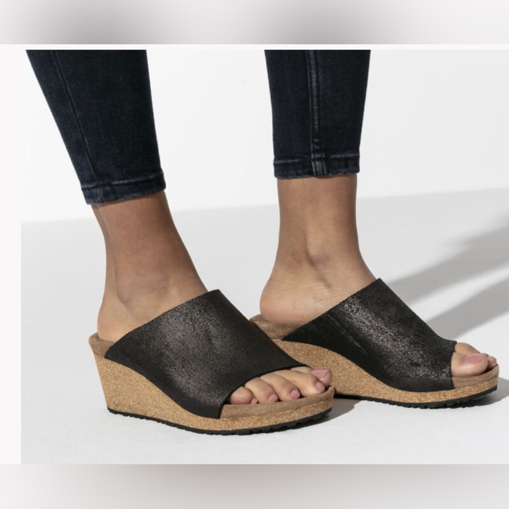 Papillio Leather Namica Cork Slide Wedge Sandals 40/9-9.5 Antique Black Metallic